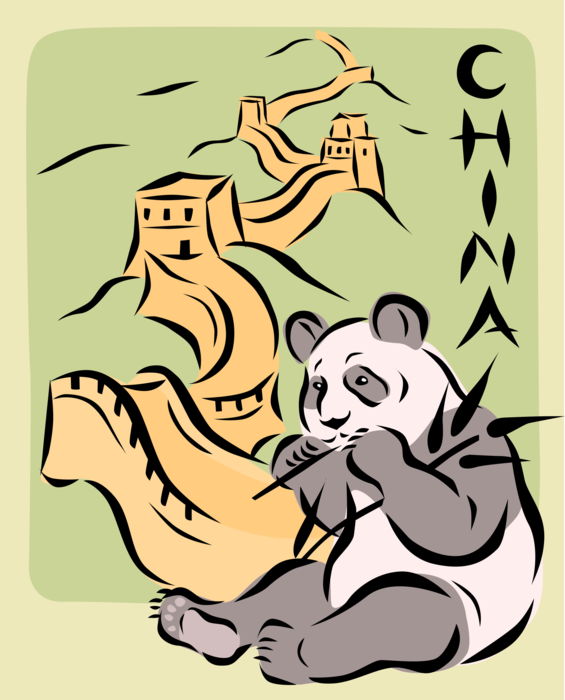 Vector Illustration of China Panda Bear with Great Wall Fortification from Ming Dynasty