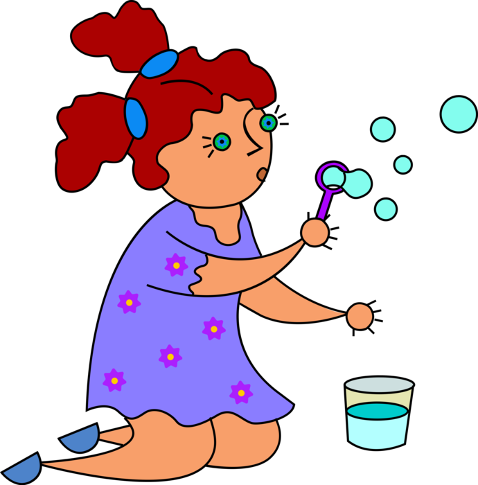 Vector Illustration of Little Girl Blowing Bubbles