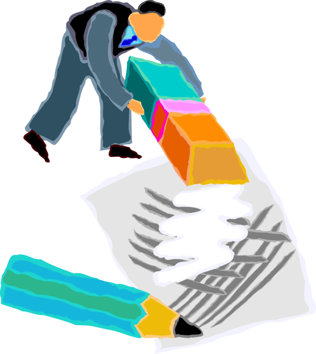 Vector Illustration of Man Erasing Pencil Writing with Eraser