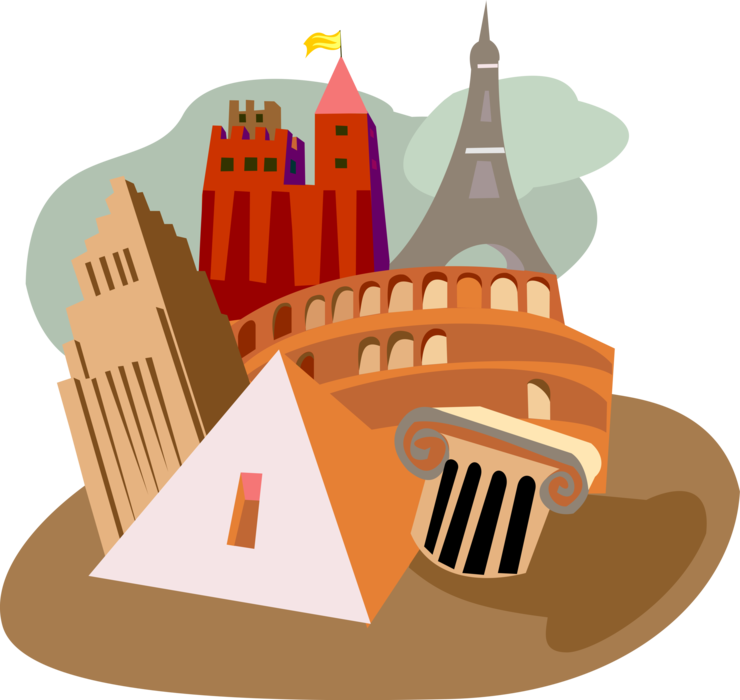 Vector Illustration of Architectural Building Pyramids, Coliseum, Eiffel Tower, Castle and Empire State Building