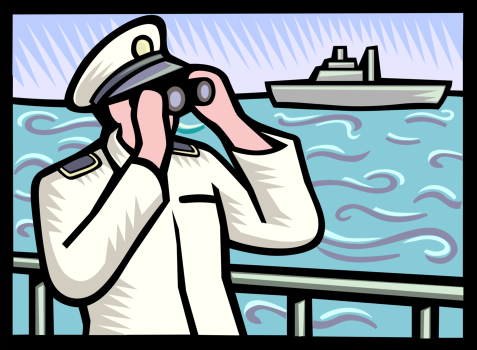 Vector Illustration of Marine Sailor with Binoculars on Navy Vessel Ship in Ocean
