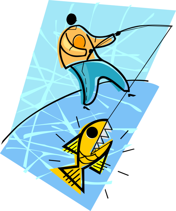 Vector Illustration of Sport Fisherman Angler with Fishing Rod Catches Fish