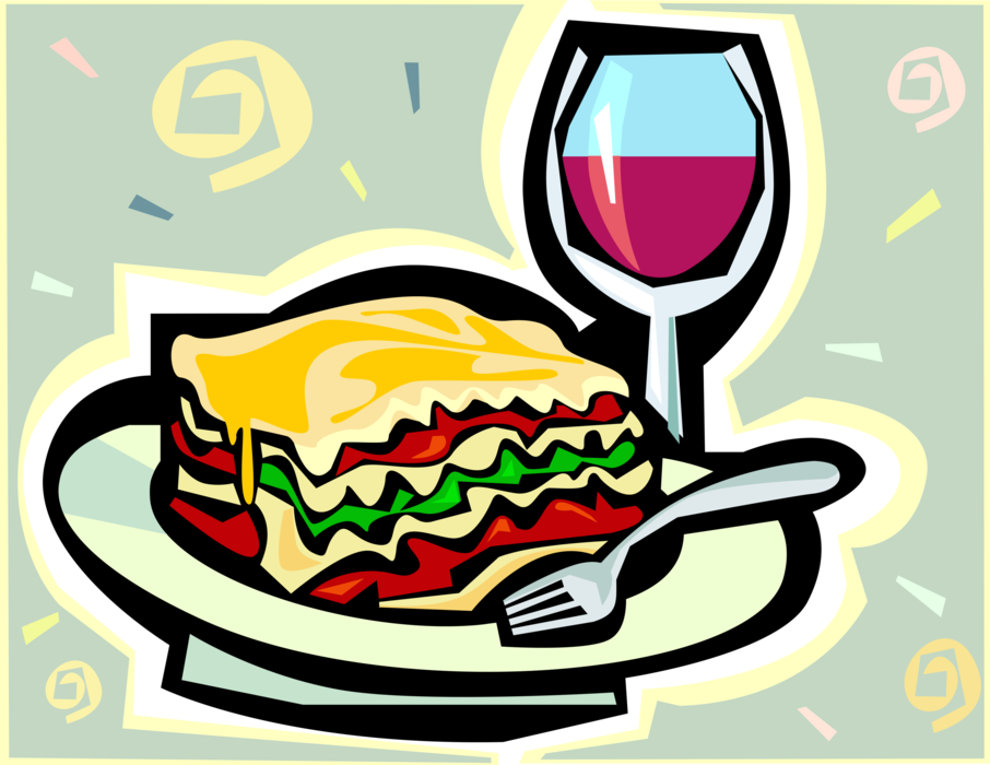 Vector Illustration of Lasagna Baked Layers of Pasta, Cheese, Tomato Sauce, and Meat with Wine Glass