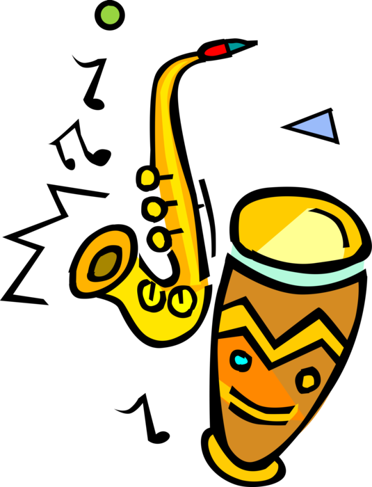 Vector Illustration of Saxophone and African Bongo Drum Musical Instruments