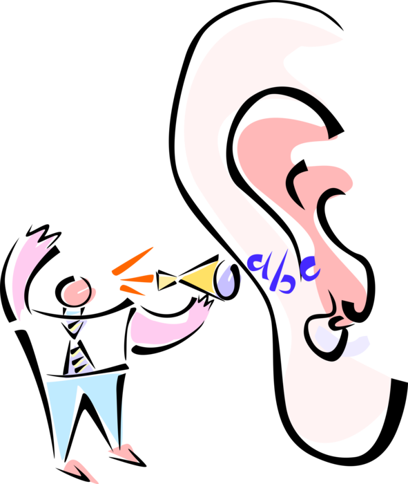 Vector Illustration of Businessman Shouting Advertising Message in Human Ear