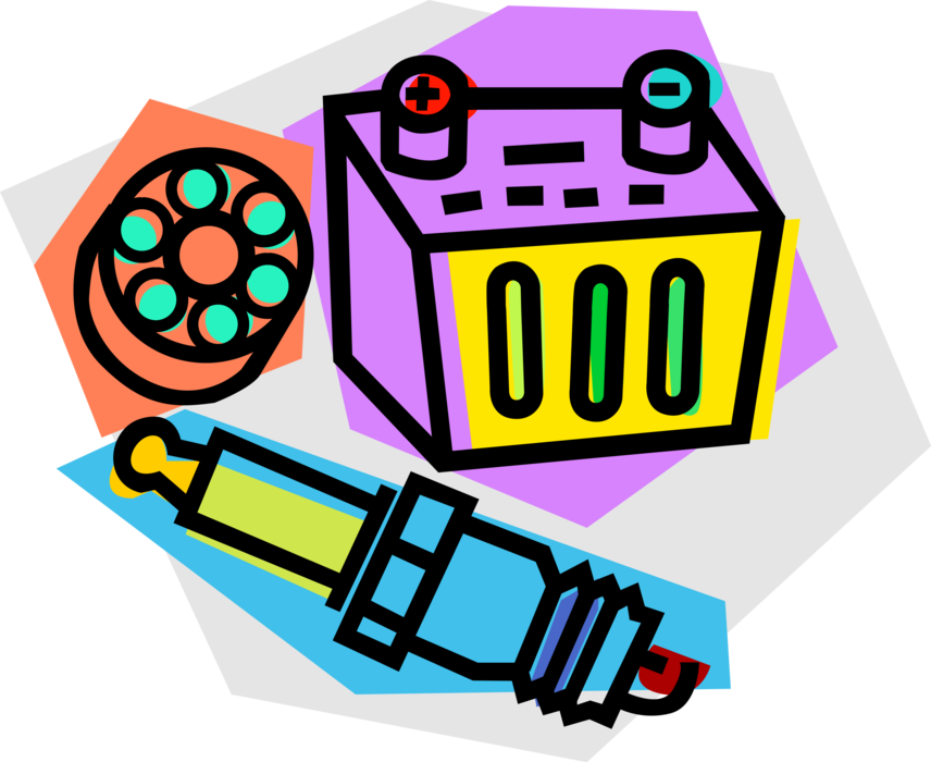 Vector Illustration of Automotive Motor Vehicle Battery, Spark Plug and Oil Filter