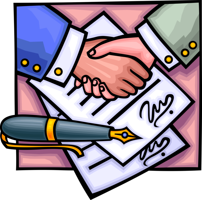 Vector Illustration of Business Handshake Seals the Deal with Signed Legal Contract and Fountain Pen