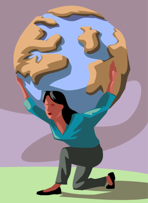 Vector Illustration of Woman is Mythological Atlas Carrying Weight of the World on Shoulders