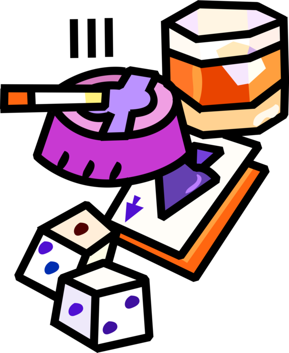 Vector Illustration of Tobacco Smoking Cigarette, Ashtray, Drink, Dice, and Poker Playing Cards