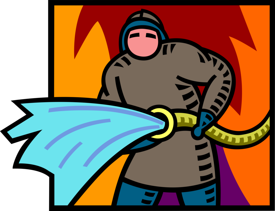 Vector Illustration of Fireman Firefighter Fights Fire with Hose and Water