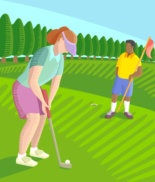 Vector Illustration of Golfers Playing Golf on Green Golfing with Putter