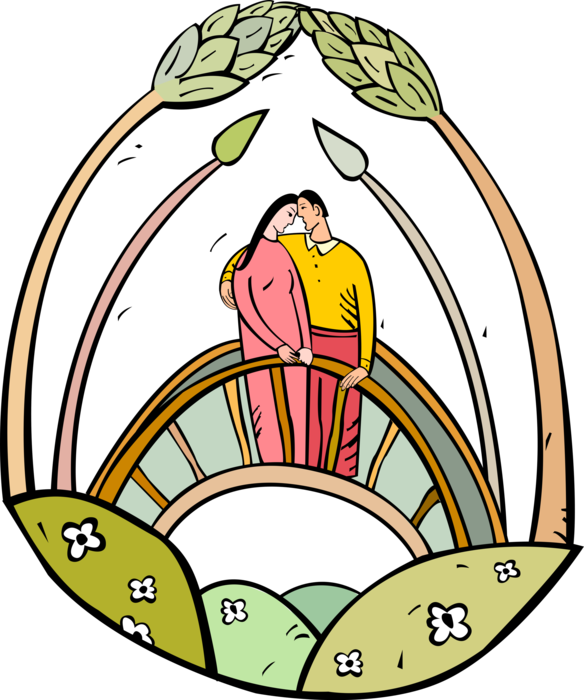 Vector Illustration of Romantic Couple Embrace on Bridge
