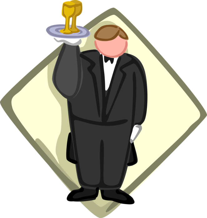 Vector Illustration of Nightclub or Restaurant Waiter Serves Alcohol Beverage Cocktails