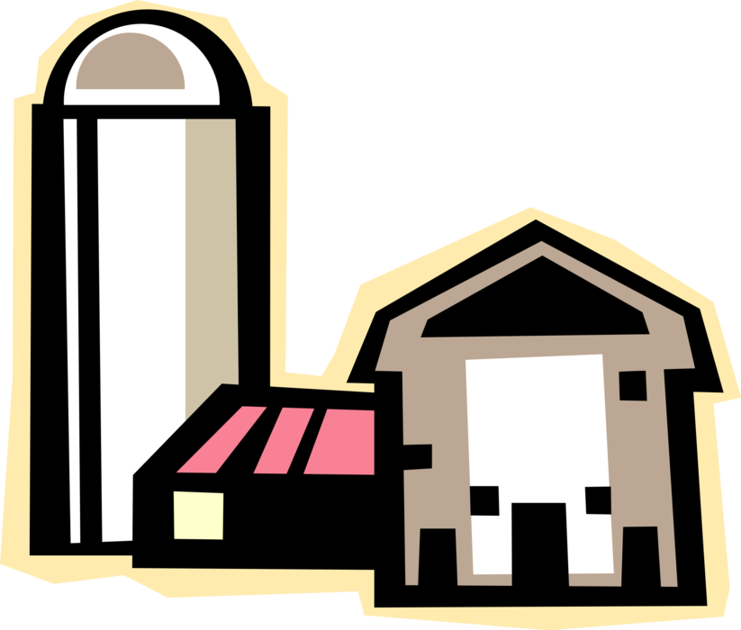 Vector Illustration of Farming Operation Farm Buildings Barn with Grain Silo