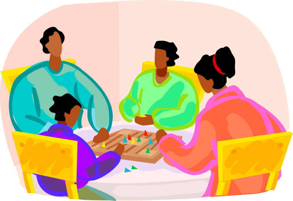 Vector Illustration of Family Plays Board Game on Table
