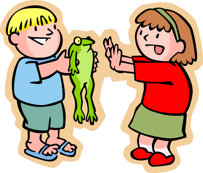Vector Illustration of Primary or Elementary School Student Boy with Frog Presents It to Little Girl