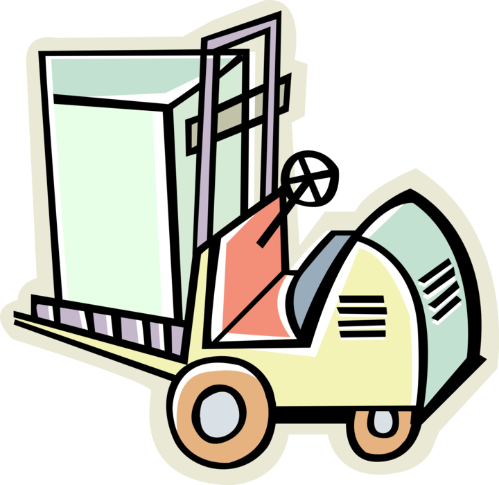 Vector Illustration of Industrial Factory Warehouse Forklift Truck Lifts and Moves Boxes