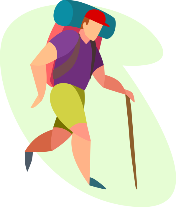 Vector Illustration of Hiker with Backpack Hikes on Trail with Walking Stick