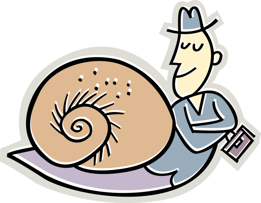 Vector Illustration of Businessman Moves at Snail or Terrestrial Gastropod Mollusk's Pace