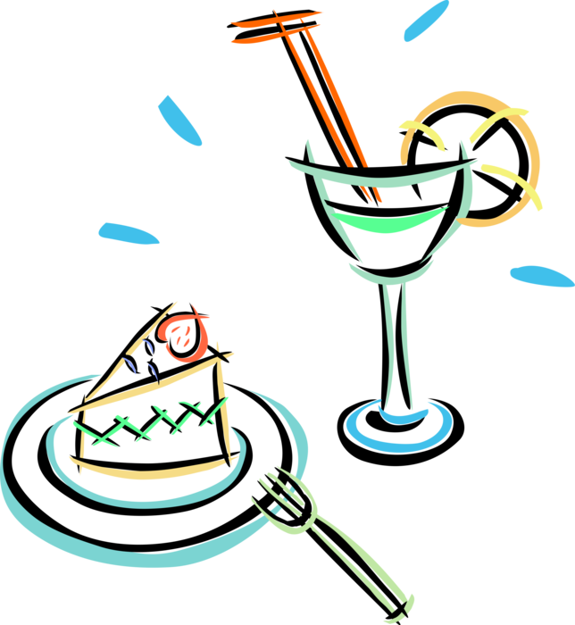 Vector Illustration of Piece of Dessert Cake with Cocktail Drink