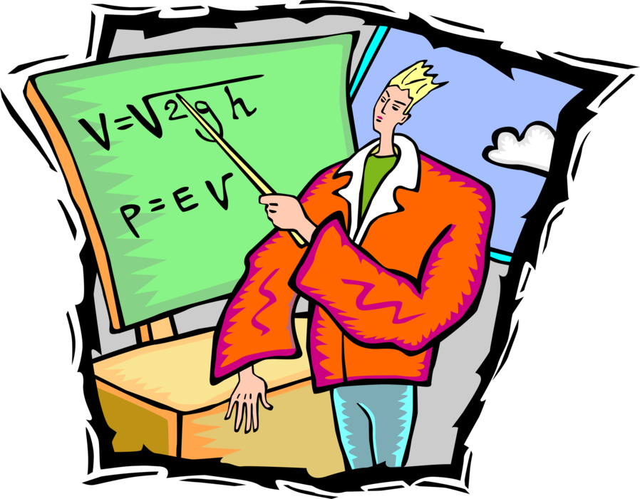 Vector Illustration of School Mathematics Teacher Teaching Math at Blackboard Chalkboard