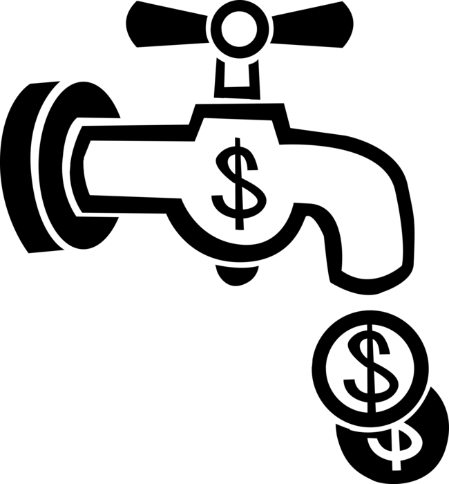 Vector Illustration of Flushing Money Down the Drain with Tap Water Faucet Dripping Cash Money Dollars