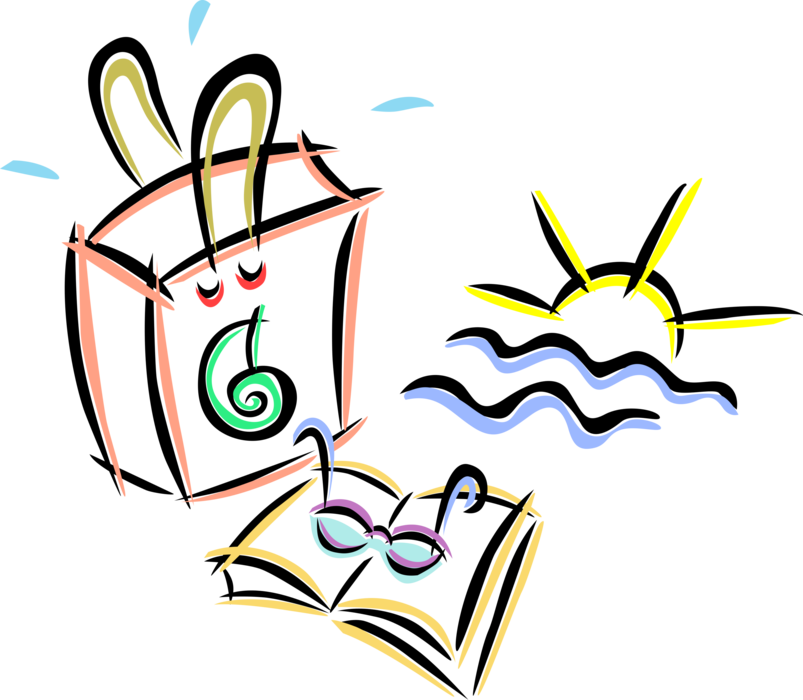 Vector Illustration of Beach Bag, Reading Glasses, Book and Ocean Waves Surf with Sun