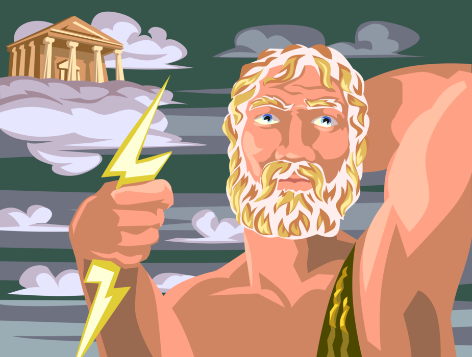 Vector Illustration of Greek Mythology Zeus, Sky and Thunder God in Ancient Greek Religion and Mount Olympus