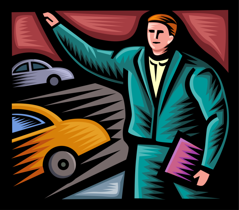 Vector Illustration of Businessman Hailing Taxicab Taxi or Cab Vehicle for Hire Automobile Motor Car