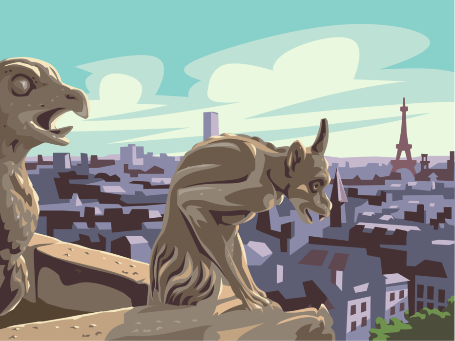 Vector Illustration of Carved Grotesque Gargoyles on Notre Dame Christian Church Cathedral, Paris, France