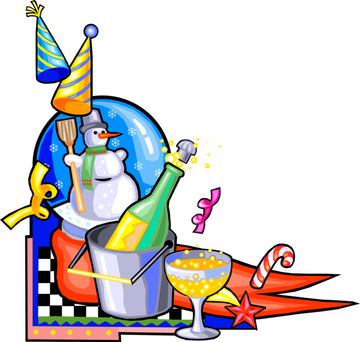 Vector Illustration of New Year's Eve Party Celebration with Champagne, Snowglobe and Party Hats