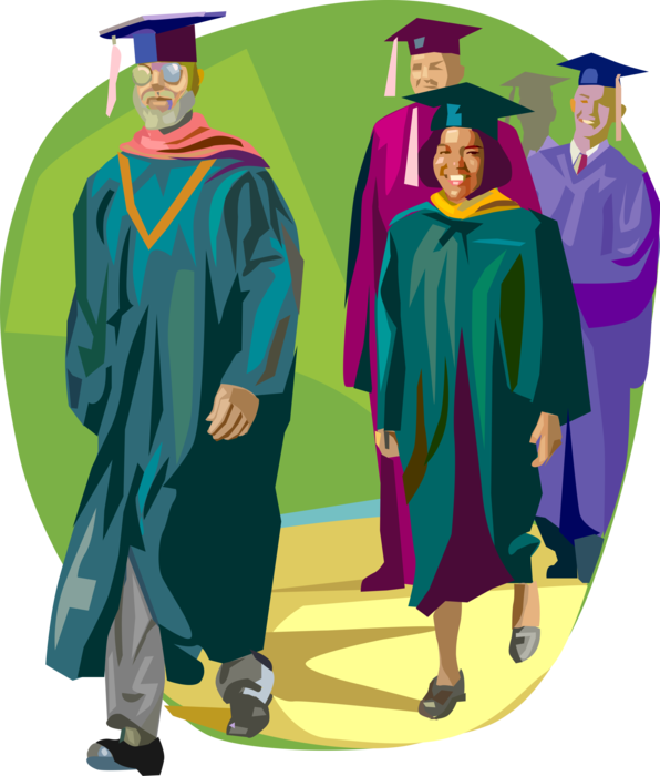 Vector Illustration of Graduate Students in Mortarboard Caps and Gowns on School Graduation Day