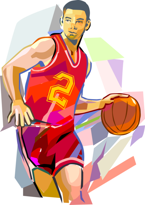 Vector Illustration of Sport of Basketball Game Player Dribbling Ball on Court