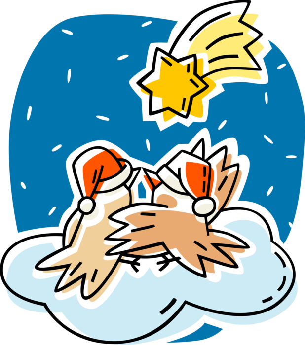 Vector Illustration of Holiday Season Christmas Festive Birds with Santa Claus Hats Watch Shooting Star of Bethlehem