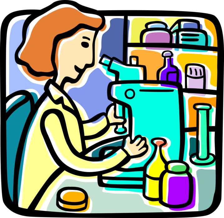 Vector Illustration of Research Scientist in Laboratory with Microscope