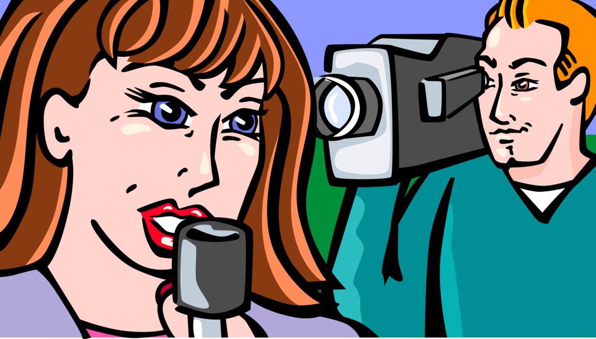 Vector Illustration of Television News Team Reporter and Cameraman Filming Interview