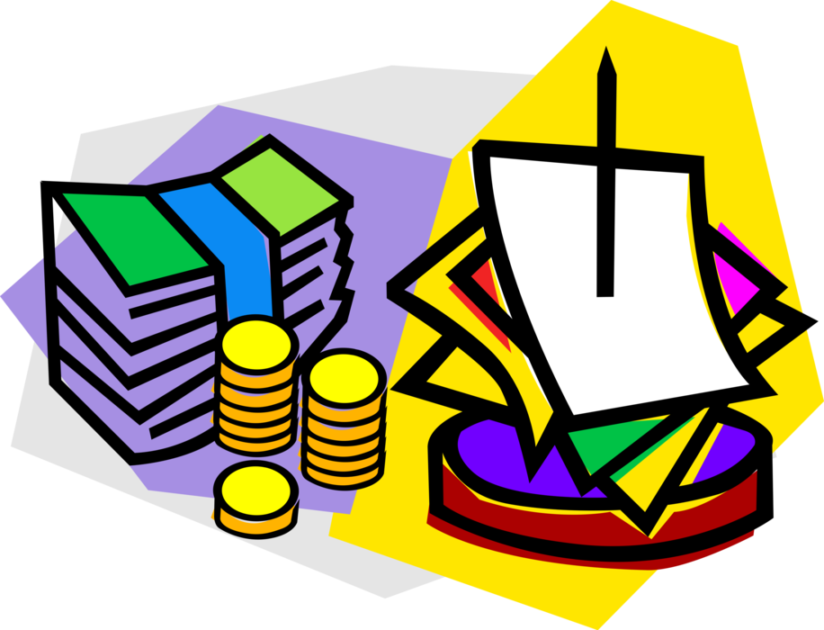 Vector Illustration of Sales Receipts with Cash Money Dollars and Coins Currency