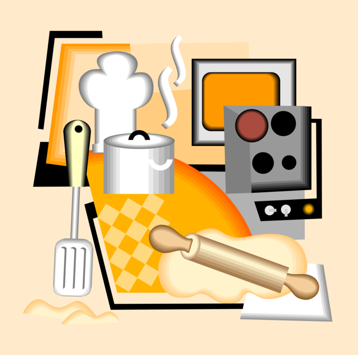 Vector Illustration of Kitchen Kitchenware Cooking Tools with Rolling Pin and Spatula