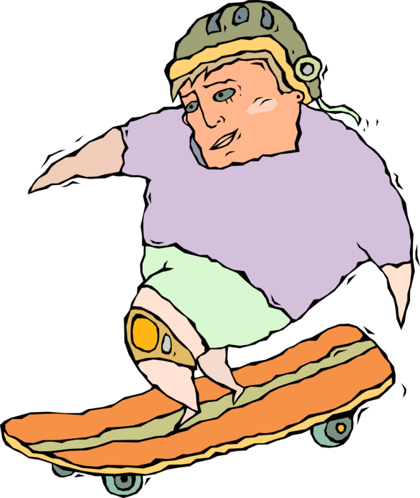 Vector Illustration of Skateboarder with Safety Helmet Skateboarding on Skateboard