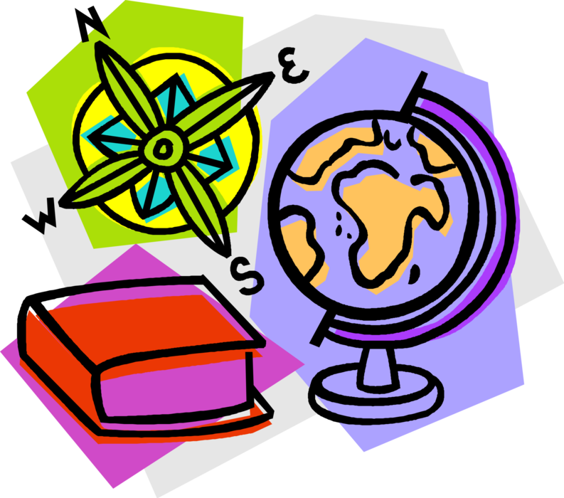 Vector Illustration of School Geography Project with Globe, Compass Rose Navigation Symbol and Textbook