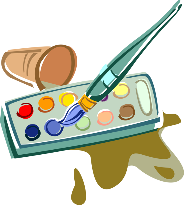 Vector Illustration of Visual Arts Watercolor Paints with Paintbrush and Water