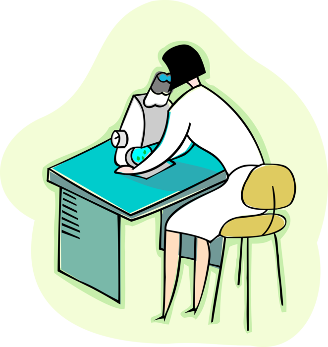 Vector Illustration of Laboratory Technician at Desk with Microscope