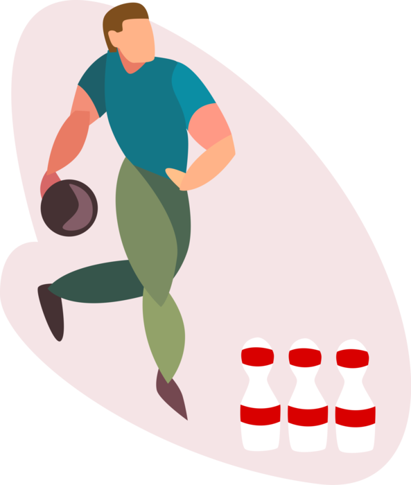 Vector Illustration of Bowler Bowls Ball at Pins in Bowling Alley