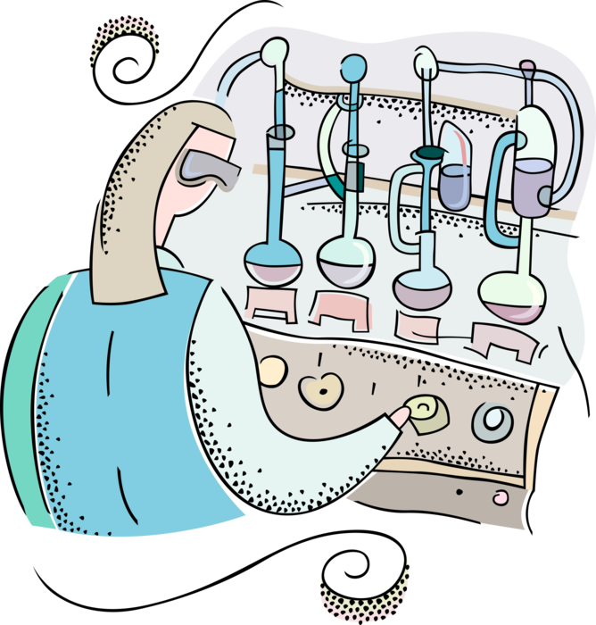 Vector Illustration of Research Chemist in Chemical Laboratory with Glassware Flasks