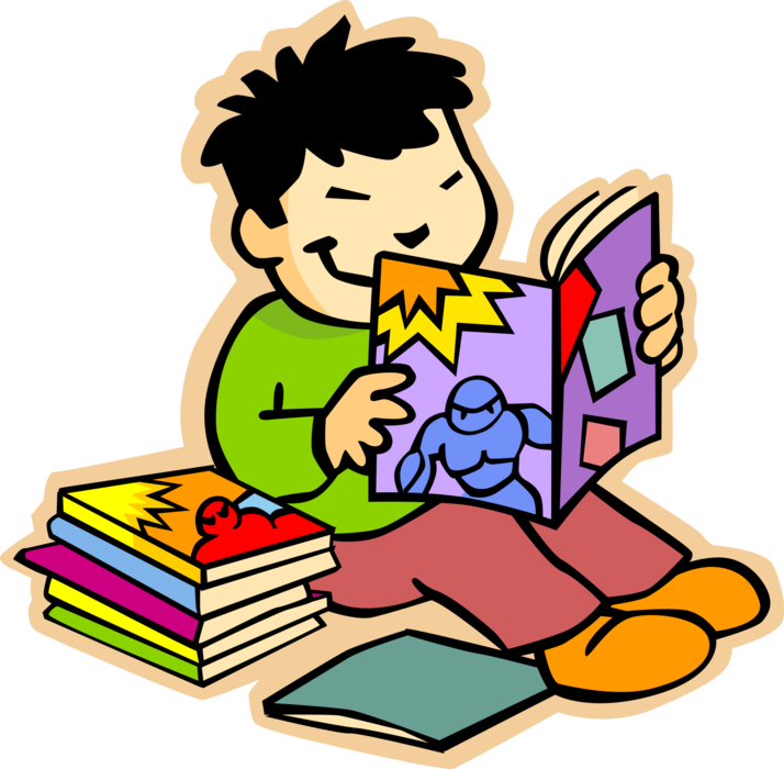 Vector Illustration of Primary or Elementary School Student Asian Boy Reading Comic Books