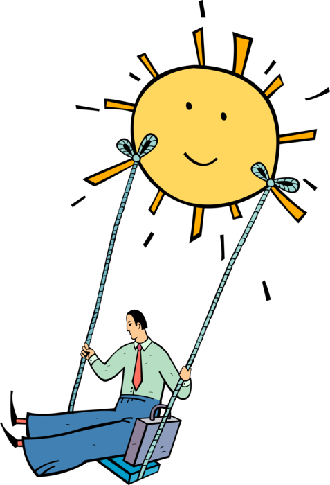 Vector Illustration of Businessman Swings on Swing with Happy Face Sun