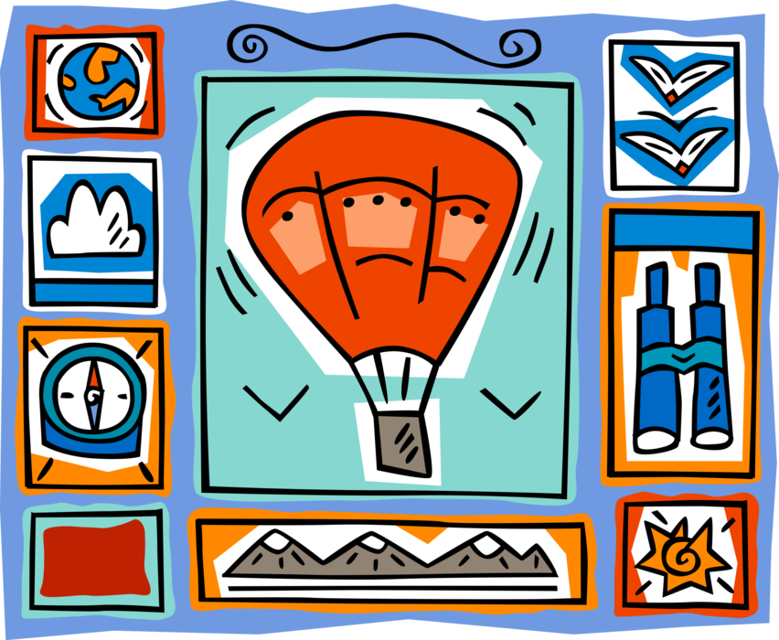 Vector Illustration of Hot Air Balloon with Navigation Compass, Binoculars