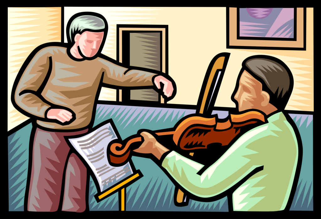 Vector Illustration of Violin Teacher Instructs Student with Violin Stringed Musical Instrument