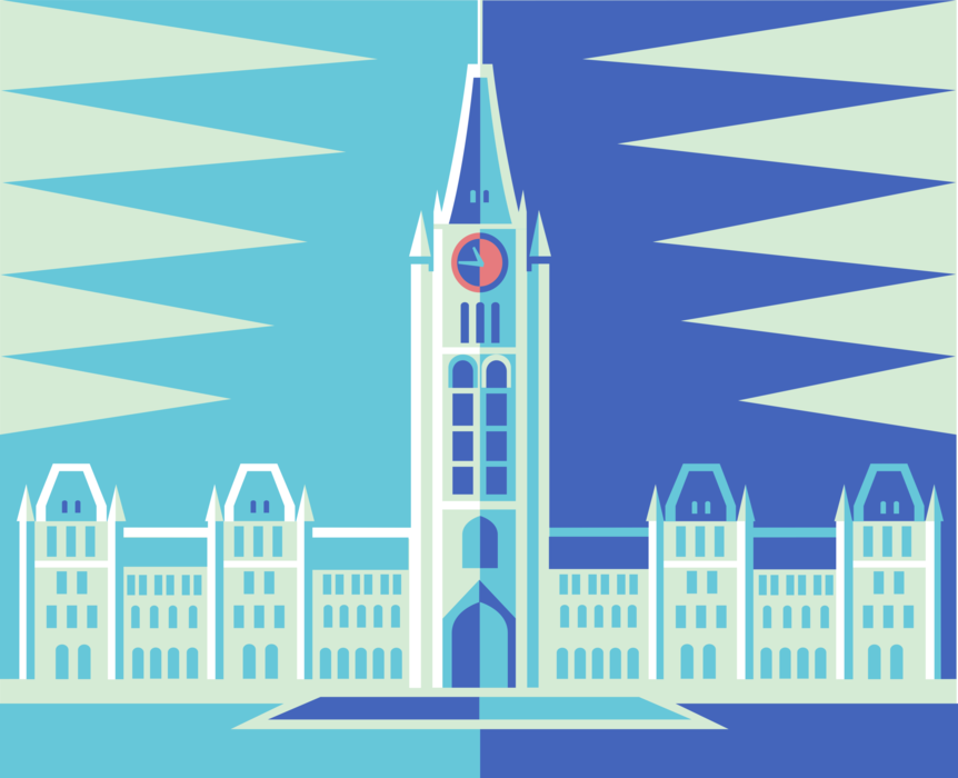 Vector Illustration of Parliament Buildings with Peace Tower, Ottawa, Canada