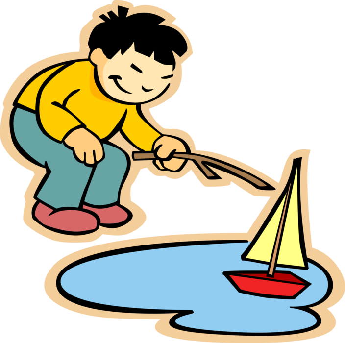 Vector Illustration of Primary or Elementary School Student Asian Boy Sailing Boat in Puddle with Stick
